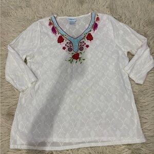 Vintage White Tunic with Colorful Embroidery by National since 1952 100% cotton
